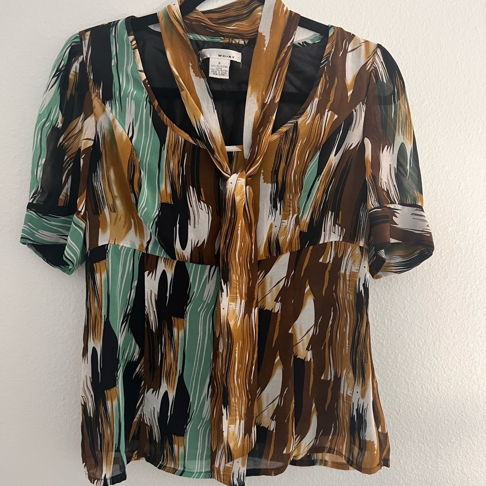 WD.NY Turquoise Brown White Flecked Tie Front Blouse Size 6